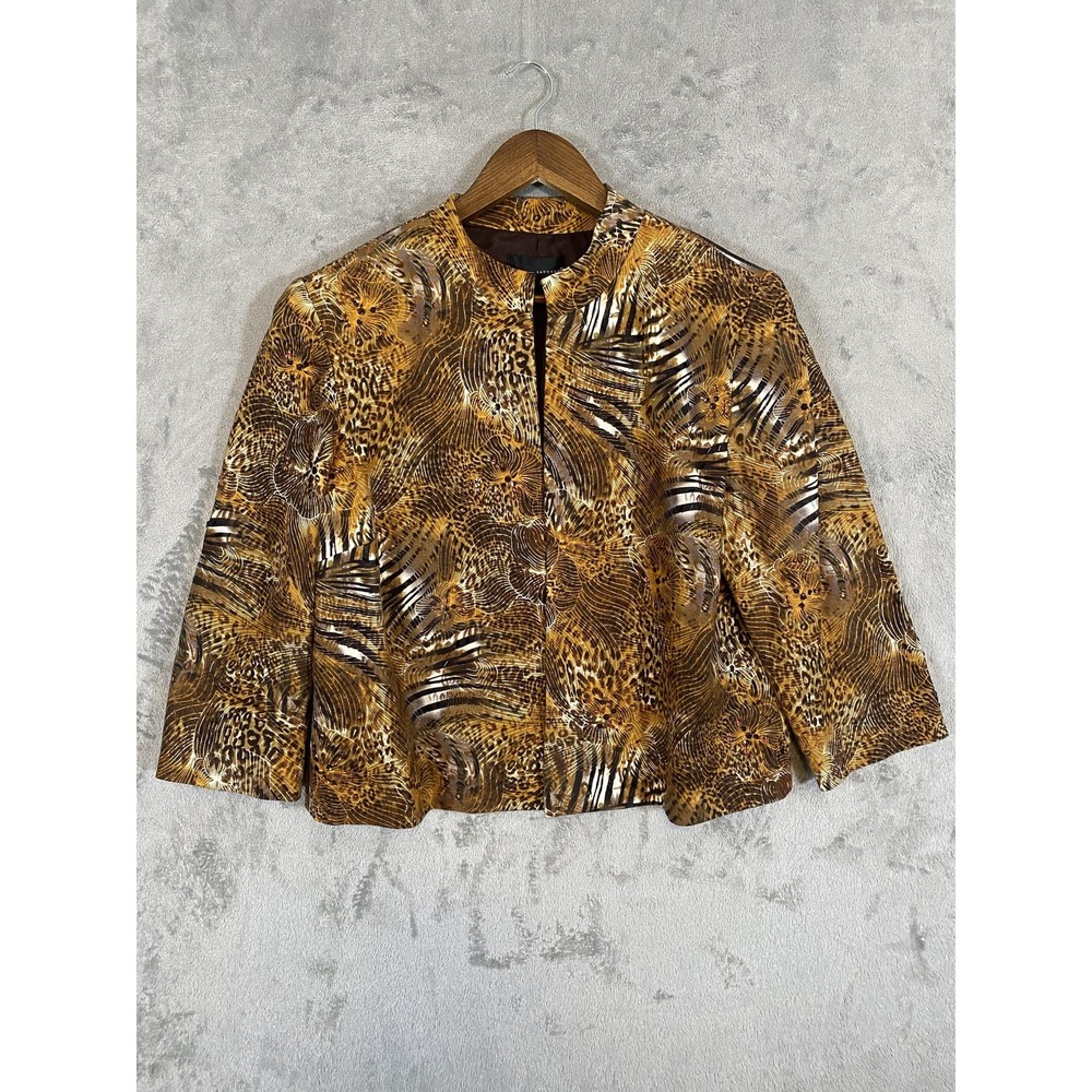Laudrew Linen Jacket Women 16 Brown Gold Floral Animal Print Sequin Lined Career